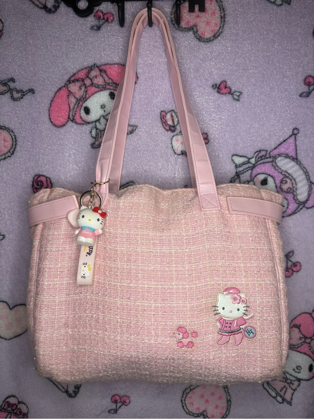 Rare Hello Kitty Pink Tweed Tote Bag with Charm